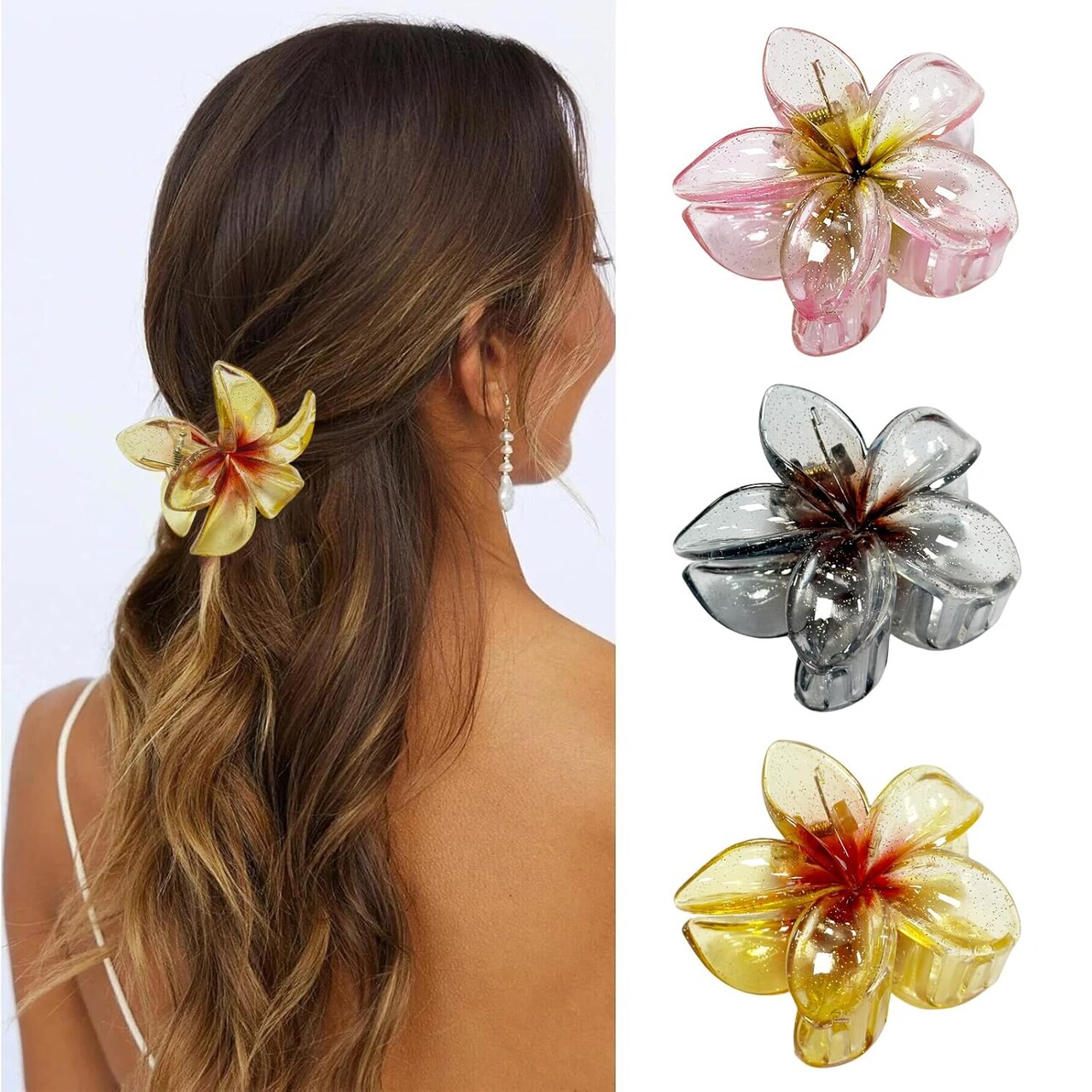 Flower Hair Clips for Women, 3Pcs Sparkling Flower Claw Clips